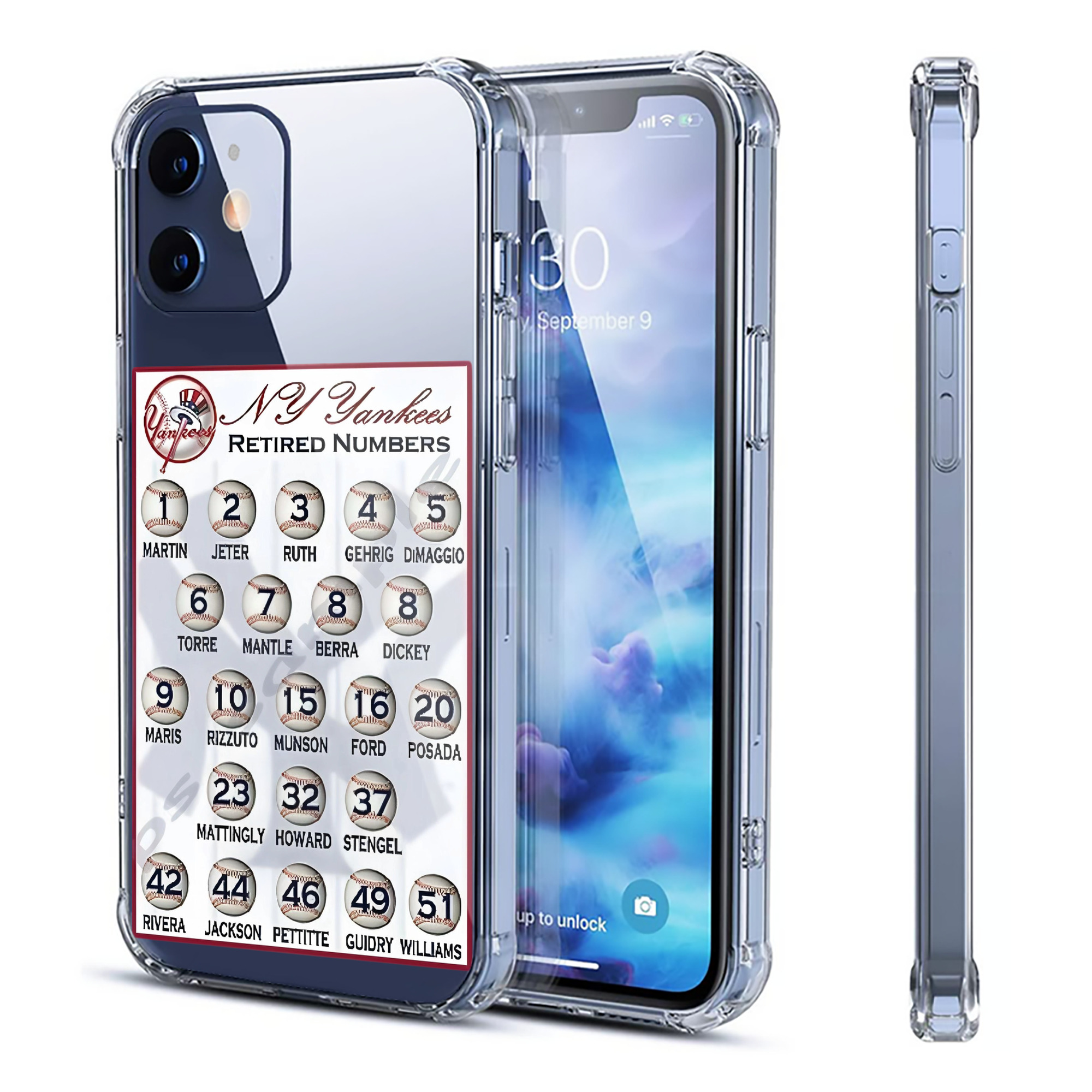 New York Yankees Retired Numbers Clear IPhone 12 Case – Soft TPU With UV Print – Enhanced Drop Protection, Precise Fit, Anti-Fingerprint, Customizable Design, Scratch-Resistant, Yellow-Resistant